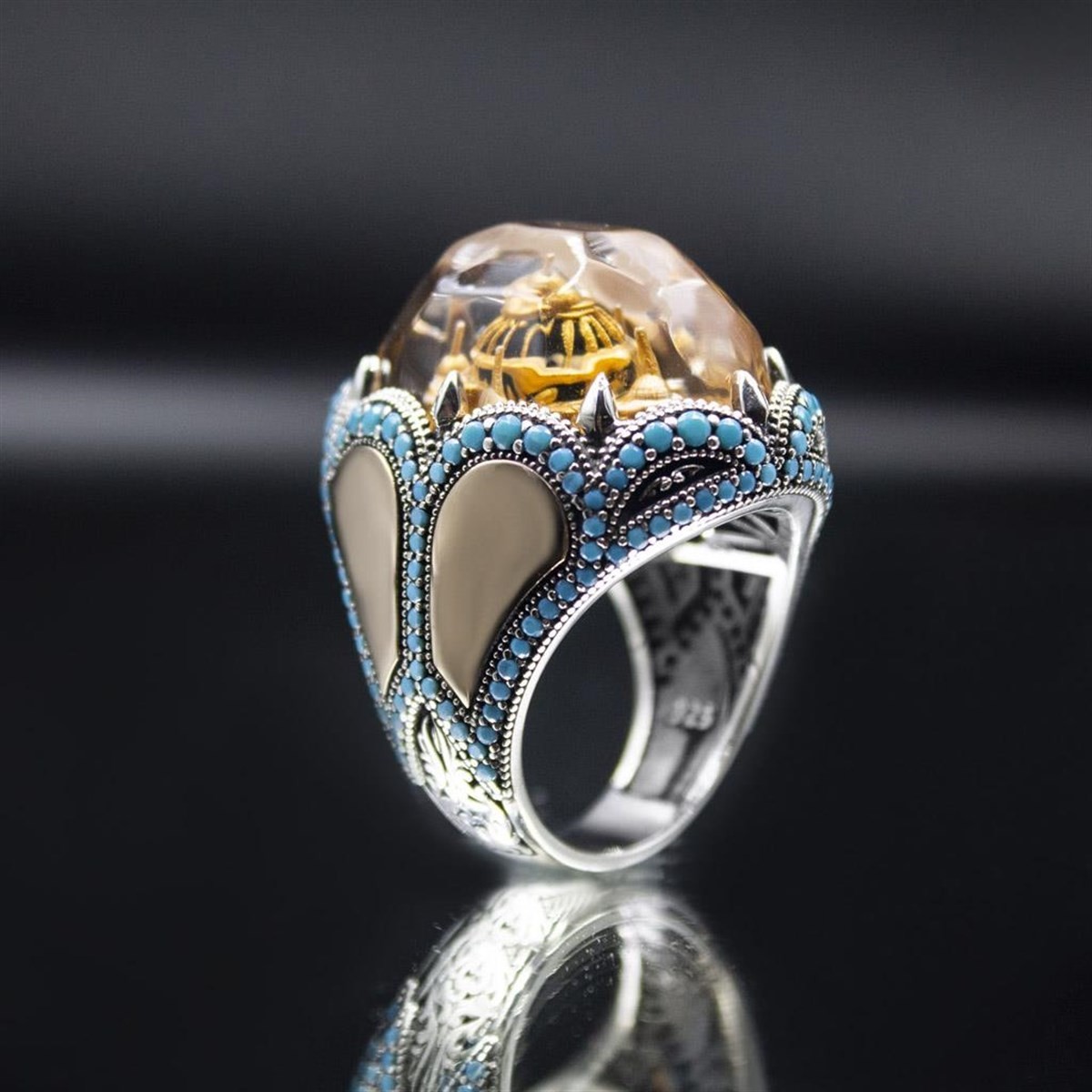 خاتم مصنوع يدويًا من الفضة الإسترلينية عيار 925 على شكل تمثال مسجد فيروزي خاتم مصنوع يدويًا من الفضة الإسترلينية عيار 925 على شكل تمثال مسجد فيروزي