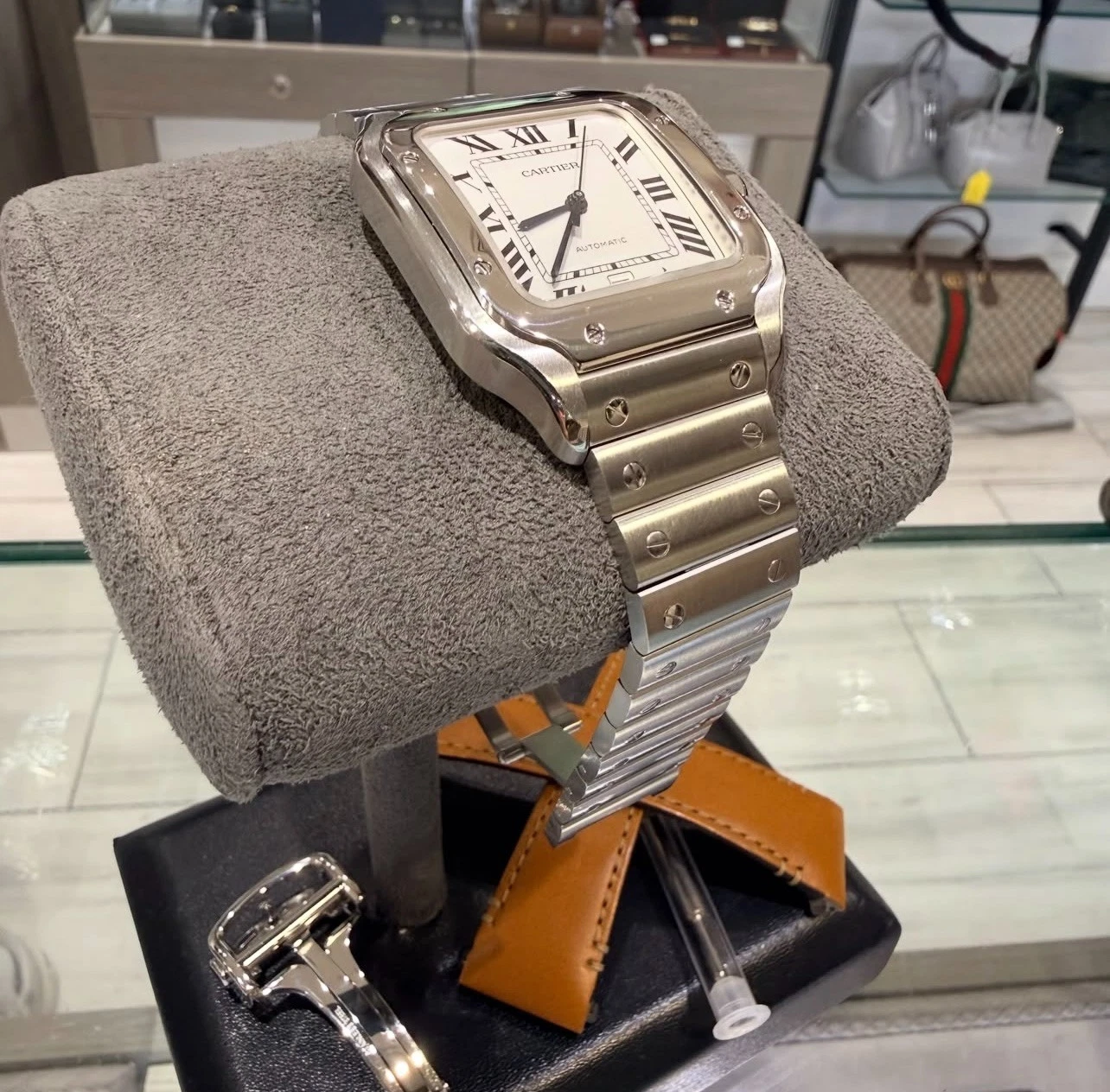 Santos De Cartier Watch Medium Model, Automatic Movement, Steel, Interchangeable Metal And Leather Bracelets