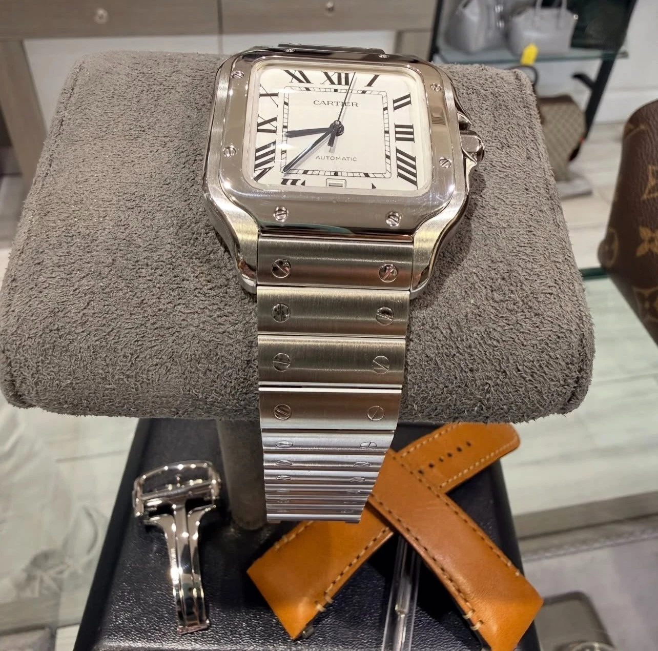 Santos De Cartier Watch Medium Model, Automatic Movement, Steel, Interchangeable Metal And Leather Bracelets
