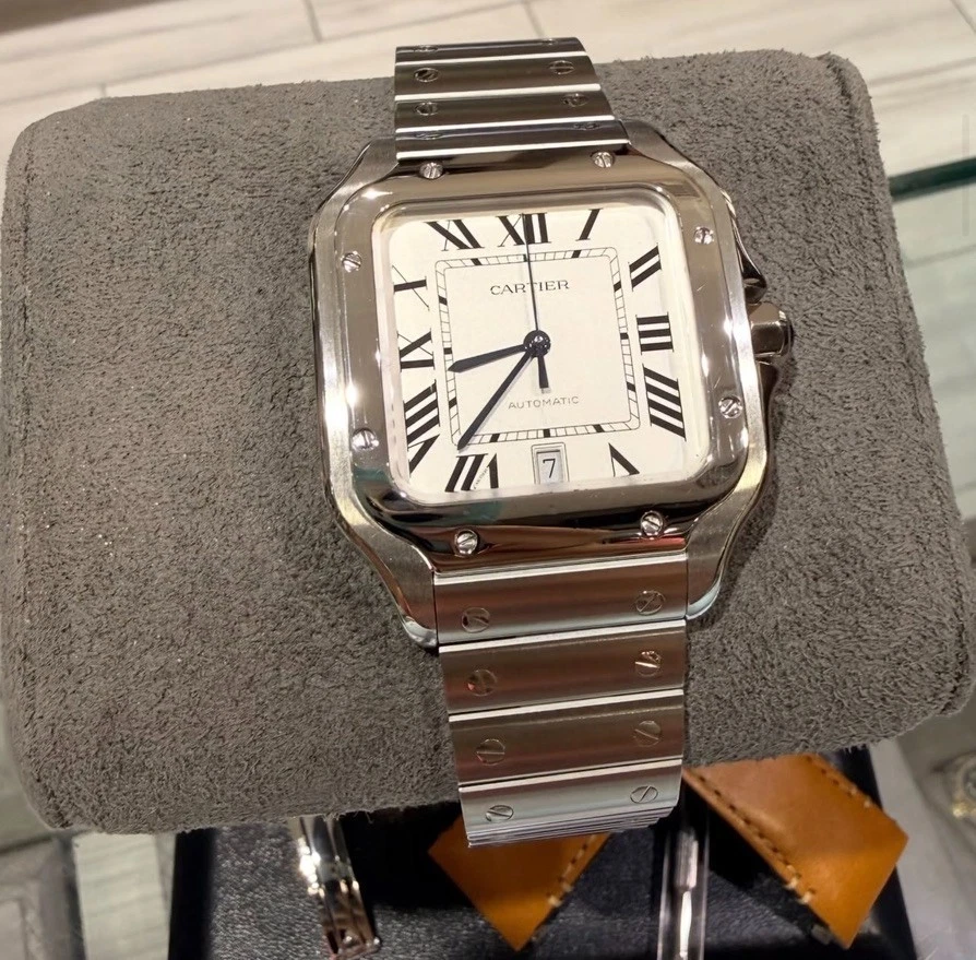 Santos De Cartier Watch Medium Model, Automatic Movement, Steel, Interchangeable Metal And Leather Bracelets