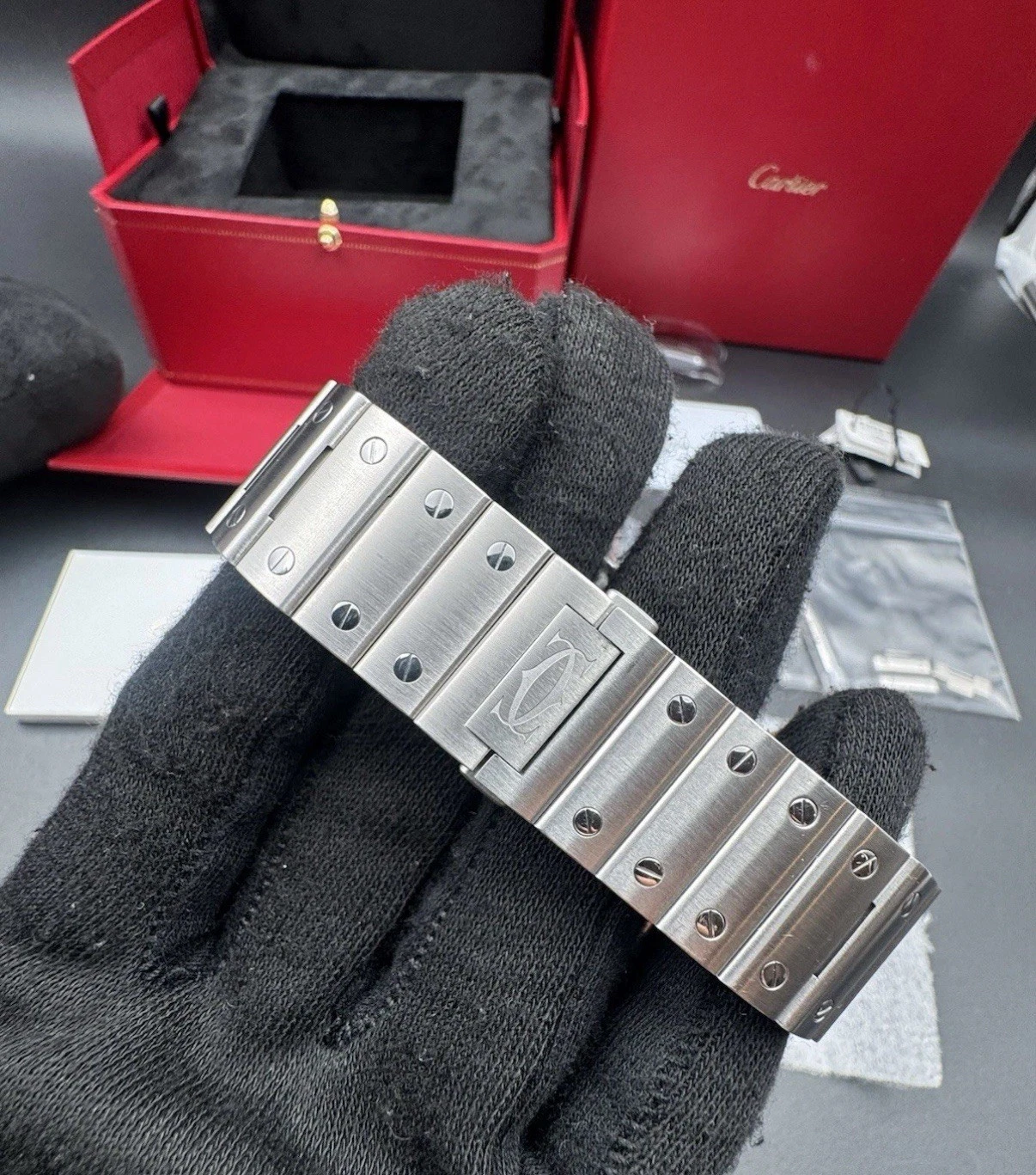 Santos De Cartier Watch Medium Model, Automatic Movement, Steel, Interchangeable Metal And Leather Bracelets