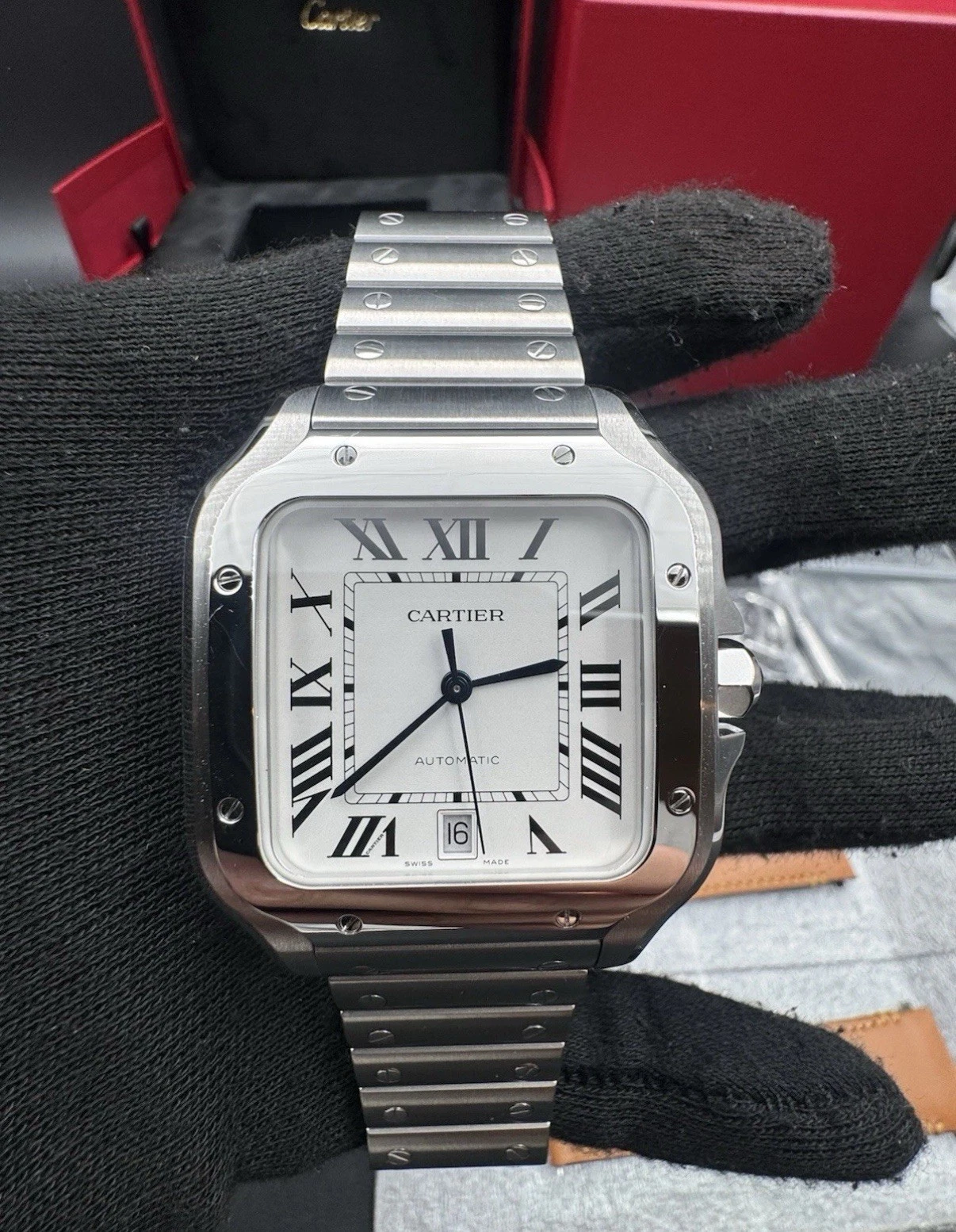 Santos De Cartier Watch Medium Model, Automatic Movement, Steel, Interchangeable Metal And Leather Bracelets